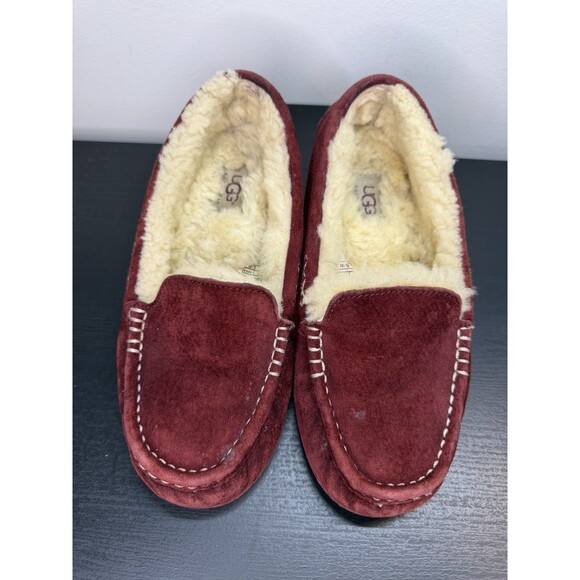 Women's 6 M Ugg Ansley 3312 Burgundy Suede Leather Slippers Moccasins Fur Lined - Picture 5 of 16